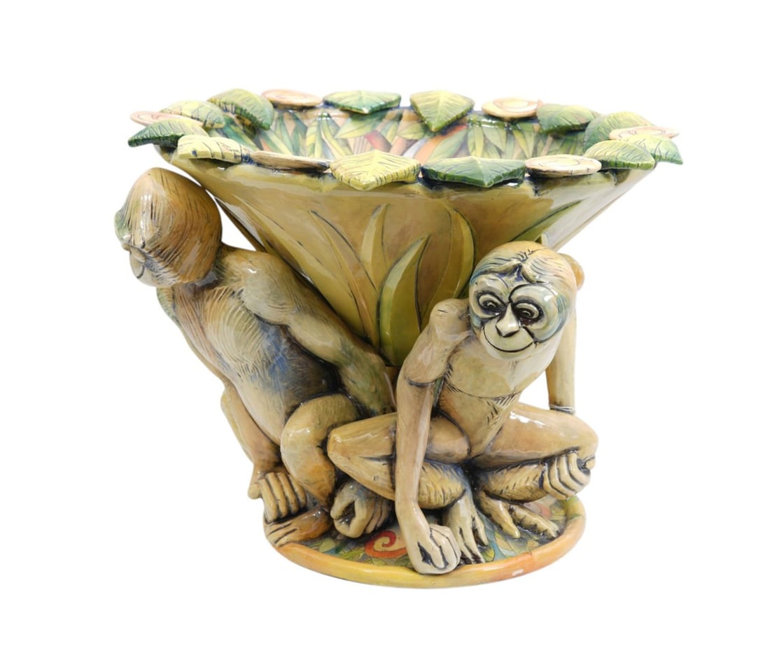 2 Pc. Monkey Ceramic Centerpiece, Signed Dane, 13"h x 15"w (1 of 12)