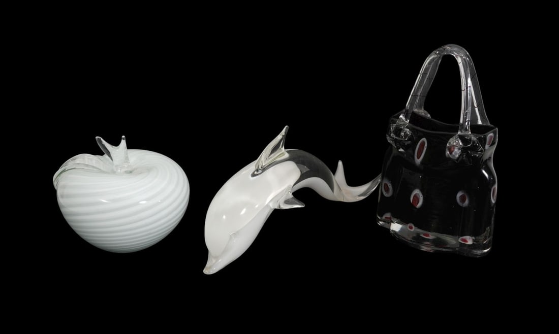 3 Pcs. Art Glass Objects d' Art, Dolphin with Venice Bacci Stickham, Apple (chip) & Handbag (10"h x (1 of 9)