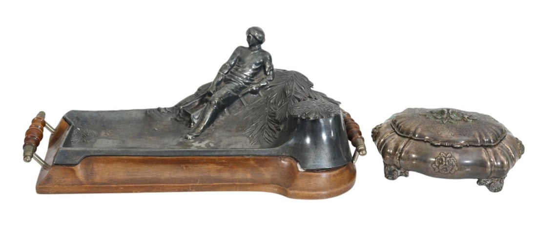 Unusual Silverplate Figural Wood Inkwell (missing ink insert) AND "800" Hinged Trinket Box (1 of 13)