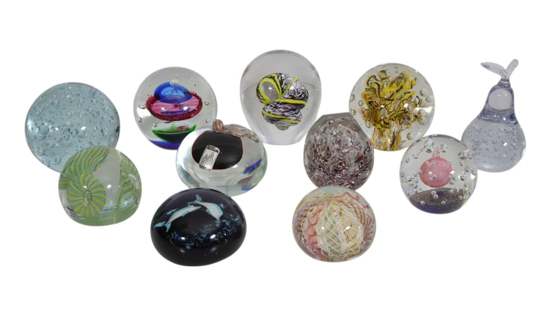 11 Art Glass Paperweights, Unsigned but 2 with Murano Stickers, Largest 4"h x 4"w (1 of 8)