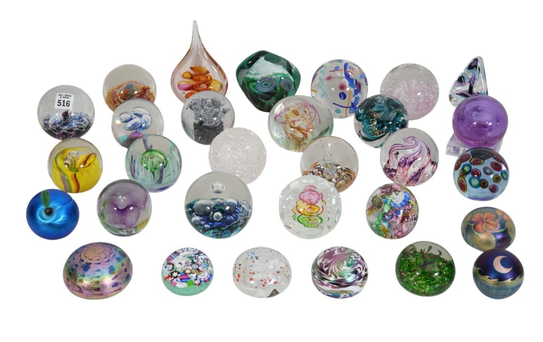 30 Art Glass Paperweights, Signed, Some Incl. Perthshire Scotland, Glass Eye Studios, Caithness: 30 Art Glass Paperweights, Signed, Some Incl. Perthshire Scotland, Glass Eye Studios, Caithness Scotland, Selkirk Scotland, John Deacons, Baccarat, Orient & Flume and Others