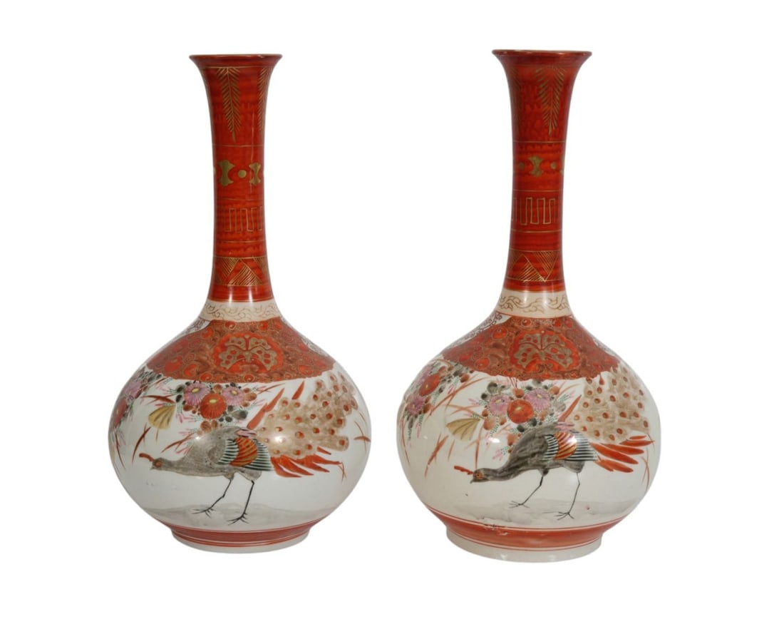 Pair Kutani Japanese Bottle Neck Vases, 12 5/8"h x 8"w (1 of 14)