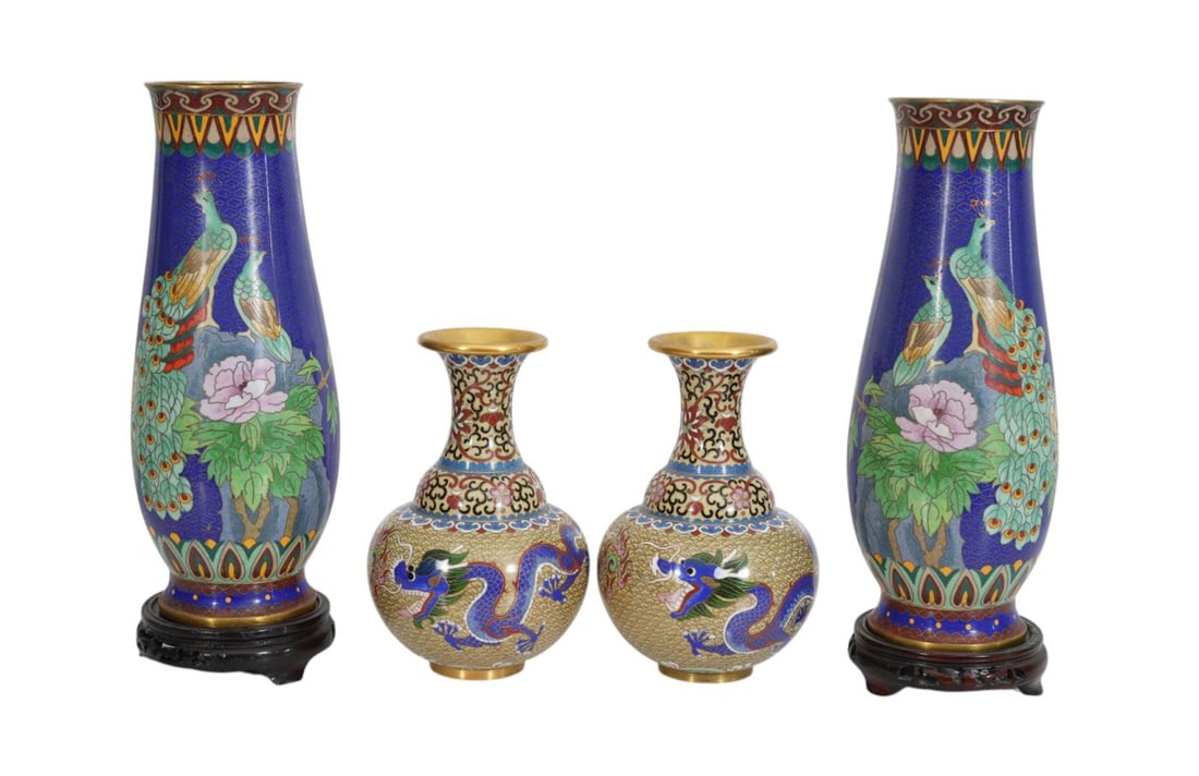 4 Cloisonne Vases (2 Pairs), Blue with Peacocks (12"h x 5"w) And Yellow with Blue Dragon (8"h x 6"w) (1 of 12)