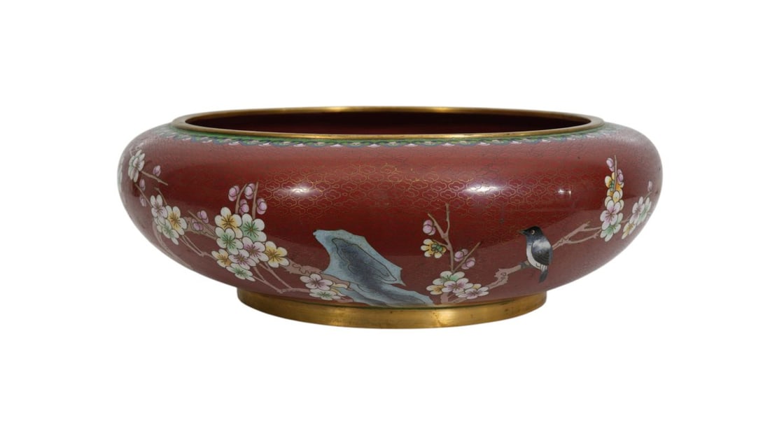 Large Centerpiece Cloisonne Bowl with Birds, Branches and Flowers, 6"h x 15"w (1 of 8)