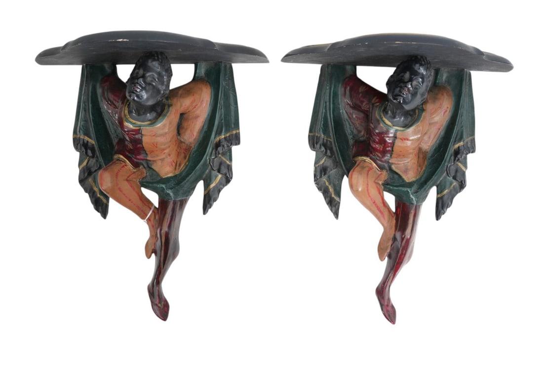 Pair of Blackamoor Figural Wall Brackets, 17"h x 16"w (1 of 6)