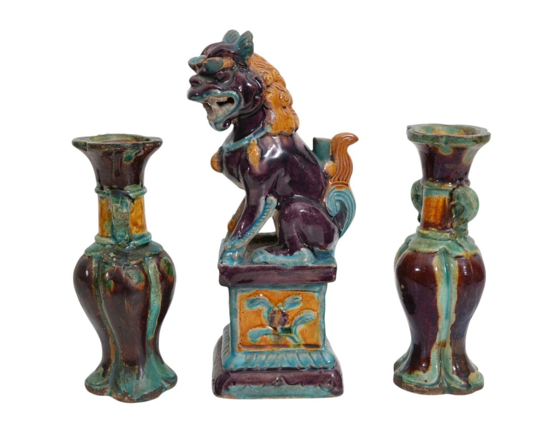 Pair Chinese Earthenware Vases with Brown & Green Glaze (7 3/4"h x 2 1/2"w) AND Glazed Foo Dog (11"h (1 of 10)