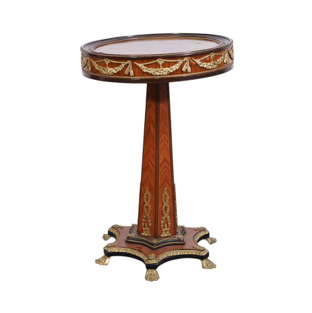 Occasional Side Table Burled Top with Gilt Accents, Center Pedestal on Shaped Platform Base, 31"H x (1 of 7)
