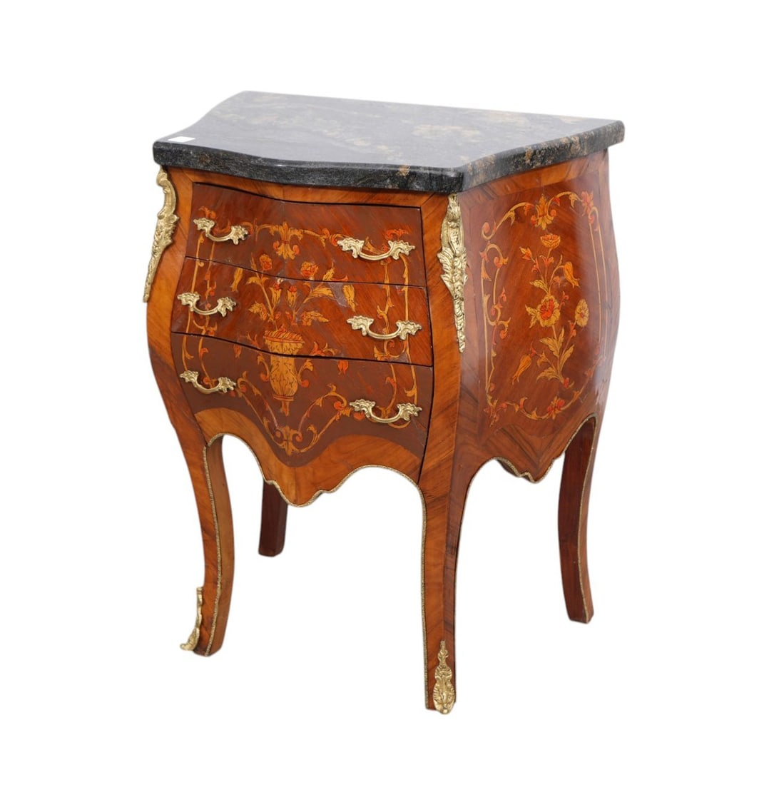 Bombay Diminutive Marquetry Commode, 3 Drawer with Gilt Metal Mounts & Marble Top, 29"h x 22 1/2"w (1 of 5)