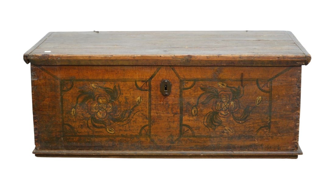 Continental 19th c. 6 Board Blanket Chest, Design on Front, Cotter Pin Hinges, 19"h x 48"w x 24"d (1 of 7)