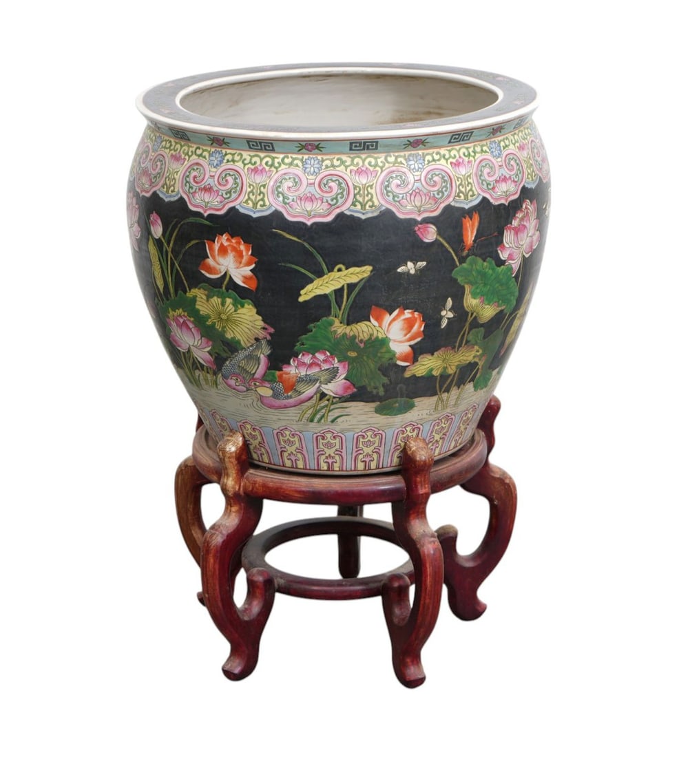 Chinese Fish Bowl, Koi Fish Interior, Flowers, Birds on Black Ground, 30"h x 20"dia (Comes with (1 of 6)