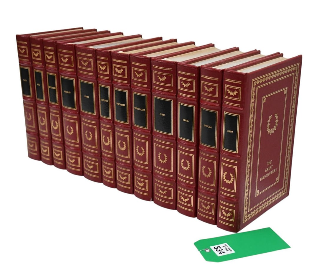 Eastern Press "The Great Philosophers" 12 Volume Book Collector's Set Featuring Key Writings by: Eastern Press "The Great Philosophers" 12 Volume Book Collector's Set Featuring Key Writings by Historical Thinkers, Full Deep Wine-Red Leather Bindings, Gold Embossed Design and Silk Moire' Fabric En