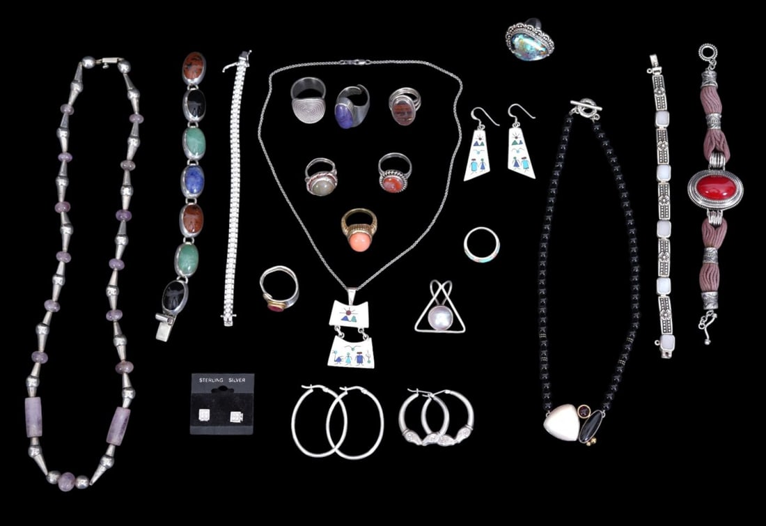 Sterling Silver Jewelry Lot. Wt. 260 grams. 3 Necklaces (1 is 950 ), 4 Bracelets, 1 Pendant, 3 pairs (1 of 16)
