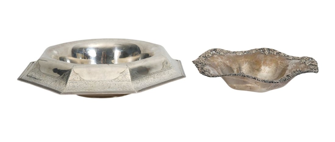 2 Sterling Bowls Octagonal and Repousse Fruit Grape Vine. Wt 34 ozts Octagonal bowl 13" x 2.5" and (1 of 12)