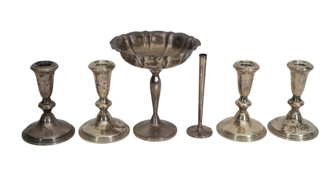 Weighted Sterling Silver Lot. Pedestal Bowl 6.5", Watrous Manufacturing Co. of Wallingford Vase: Weighted Sterling Silver Lot. Pedestal Bowl 6.5", Watrous Manufacturing Co. of Wallingford Vase 5.5" and 4 Reed & Barton Candlestick 5"
