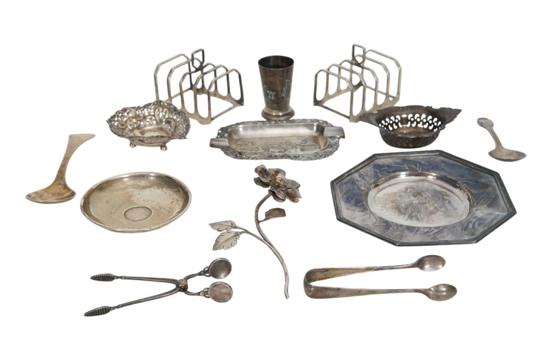 Sterling Silver Lot. Georg Jensen Sugar Nips and 1978 Annual Spoon. (2) Toast Rack, plate, tongs,: Sterling Silver Lot. Georg Jensen Sugar Nips and 1978 Annual Spoon. (2) Toast Rack, plate, tongs, trinket dish, ashtray, flower, cup. Wt. 17 ozts