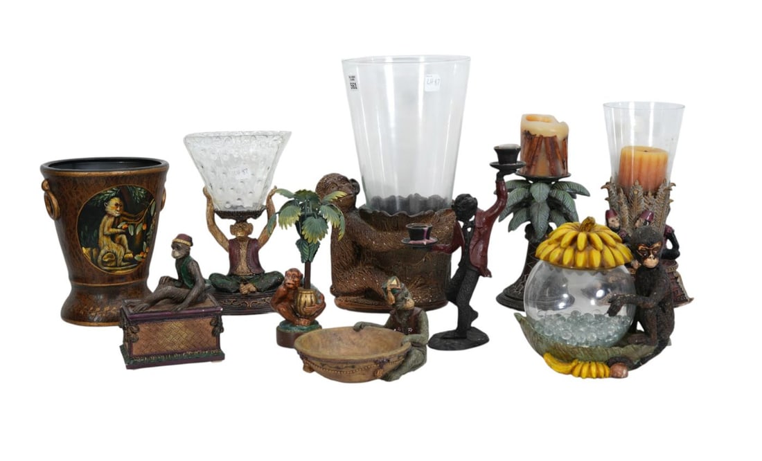 Large Group of Monkey Form Tablewares, Soap Dish, Candlesticks, Trinket Box, Flower Vases, Largest (1 of 6)