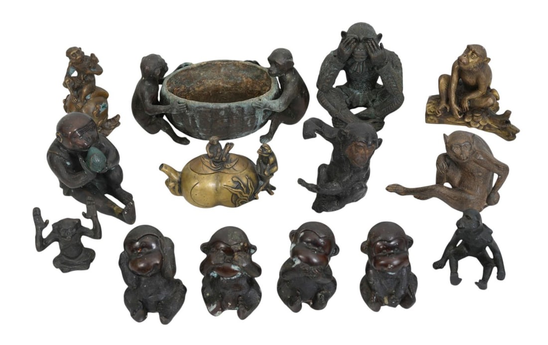 Large Group of Bronze Monkey Sculptures, Largest 6"h x 11"w x 5 1/2"d (1 of 9)