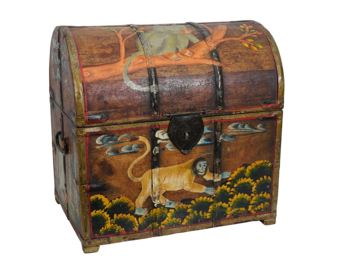 Diminutive Wooden Chest with Hand painted Monkey's Throughout, 14"h x 14"w x 9 1/2"d (1 of 11)
