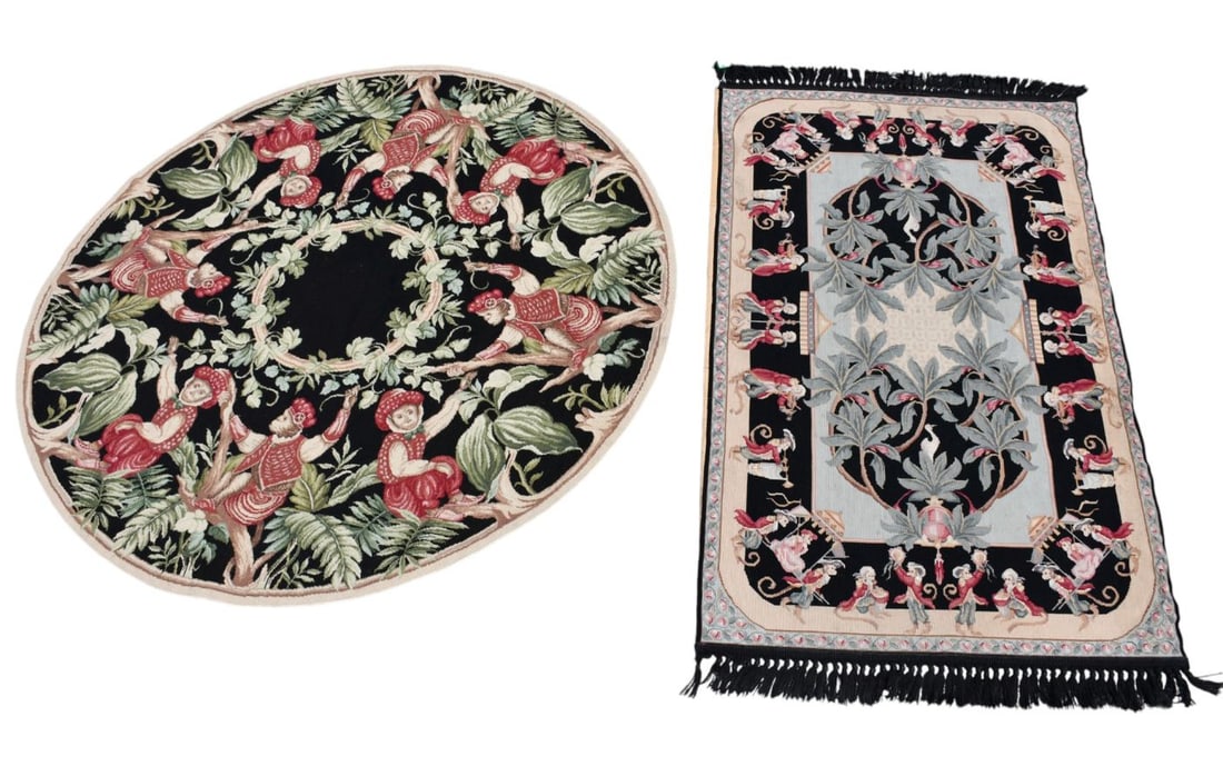 2 Wool Needle Point Rugs Featuring a Whimsical Chinoiserie Monkey Promenade Design, 5'9" x 3'7" and (1 of 6)