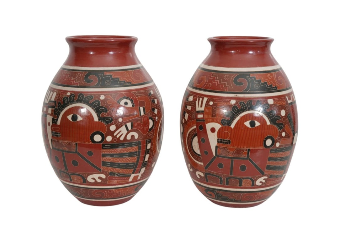Pair Pottery Vases, Sgraffito Technique, Pedro Guerero, 13"h x 9"w: Pair Pottery Vases, Sgraffito Technique, Pedro Guerero, 13"h x 9"w
