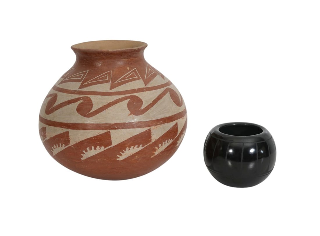 SouthWest- Navajo Pottery Round Bottom Vase (8"h x 9"w) AND Black On Black Pottery Bowl, Signed: SouthWest- Navajo Pottery Round Bottom Vase (8"h x 9"w) AND Black On Black Pottery Bowl, Signed Adakai Navajo
