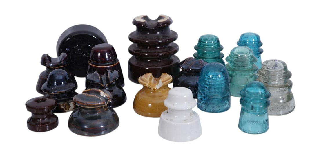Lot of 17 Vintage Insulators, 11 Assorted Pottery & 6 Glass, 6"h x 4"w (1 of 15)