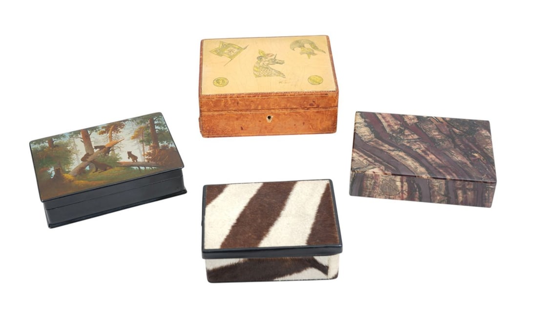 4 Boxes, One Asprey Stone Dresser Box, Animal Skin, Russian Lacquered with Bears and Leather Box (1 of 14)