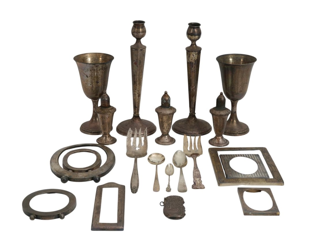 Lot of Misc. Sterling, 7 Frames, 3 Salt & Peppers, Pair Candlesticks, Pair Goblets, 5pc. Flatware (1 of 19)