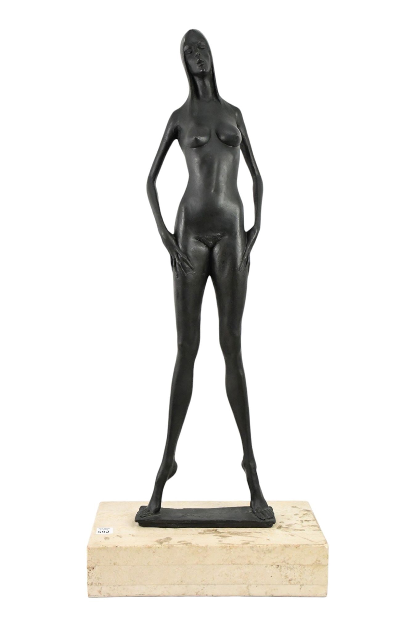 Large Bronze Standing Nude Female Sculpture on Marble Base, Signed Illegibly David Joly?, 35"h x: Large Bronze Standing Nude Female Sculpture on Marble Base, Signed Illegibly David Joly?, 35"h x 15"w x 8"d