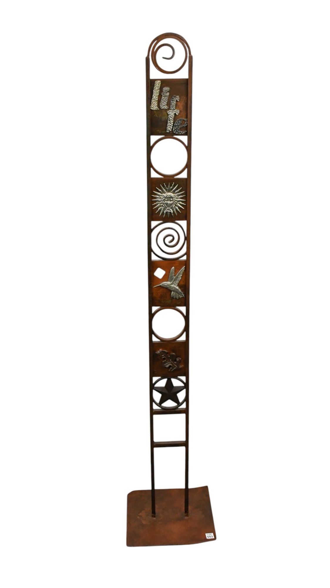 Large Metal Floor Sculpture Depicting Different Elemental Themes of Sun, Leaves & Bird Life, 63"h (1 of 5)