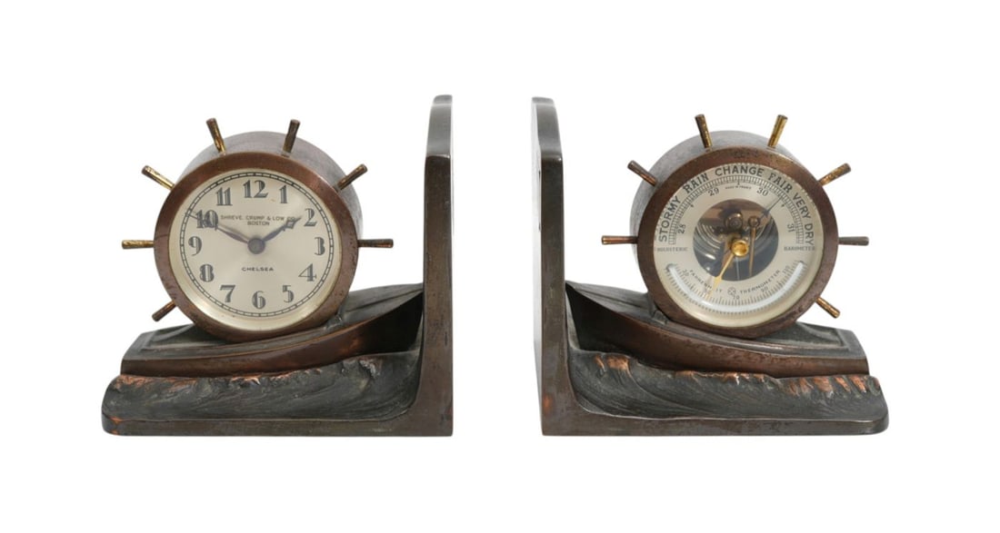 Pair Chelsea Bronze Nautical Bookends Featuring Clock & Barometer in Ships Wheel Form on Dory Shaped (1 of 8)