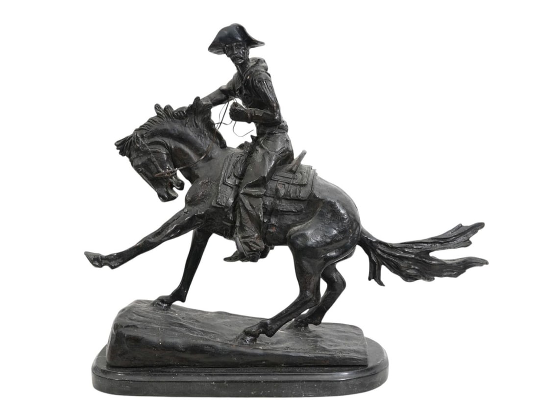 Frederic Remington Bronze "Cowboy" Sculpture on Black Marble Base, 22"h x 25"w x 9 1/2"d (1 of 7)