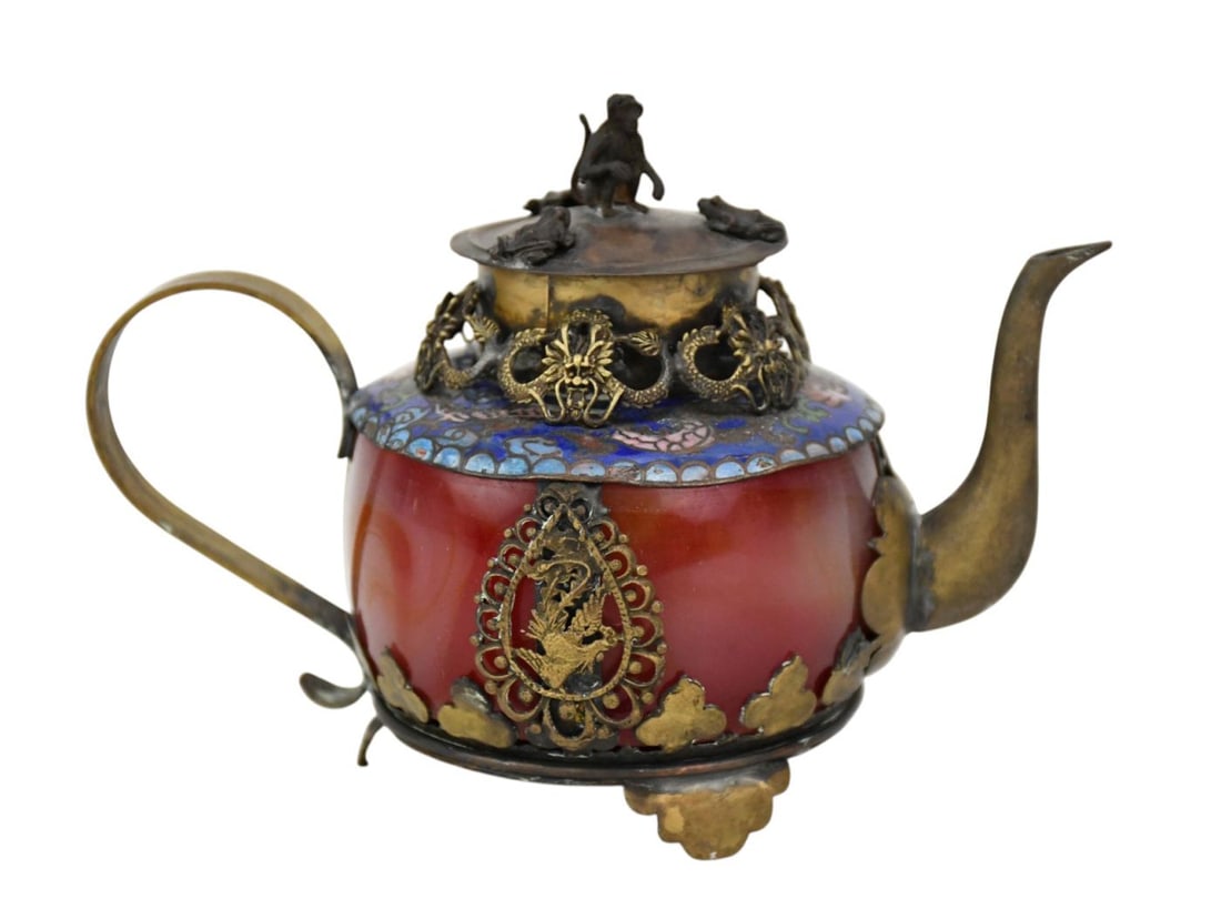 Miniature Chinese Teapot, Stone & Cloisonne with Brass Fittings and Monkey Finial, 4"h x 5"w (1 of 5)