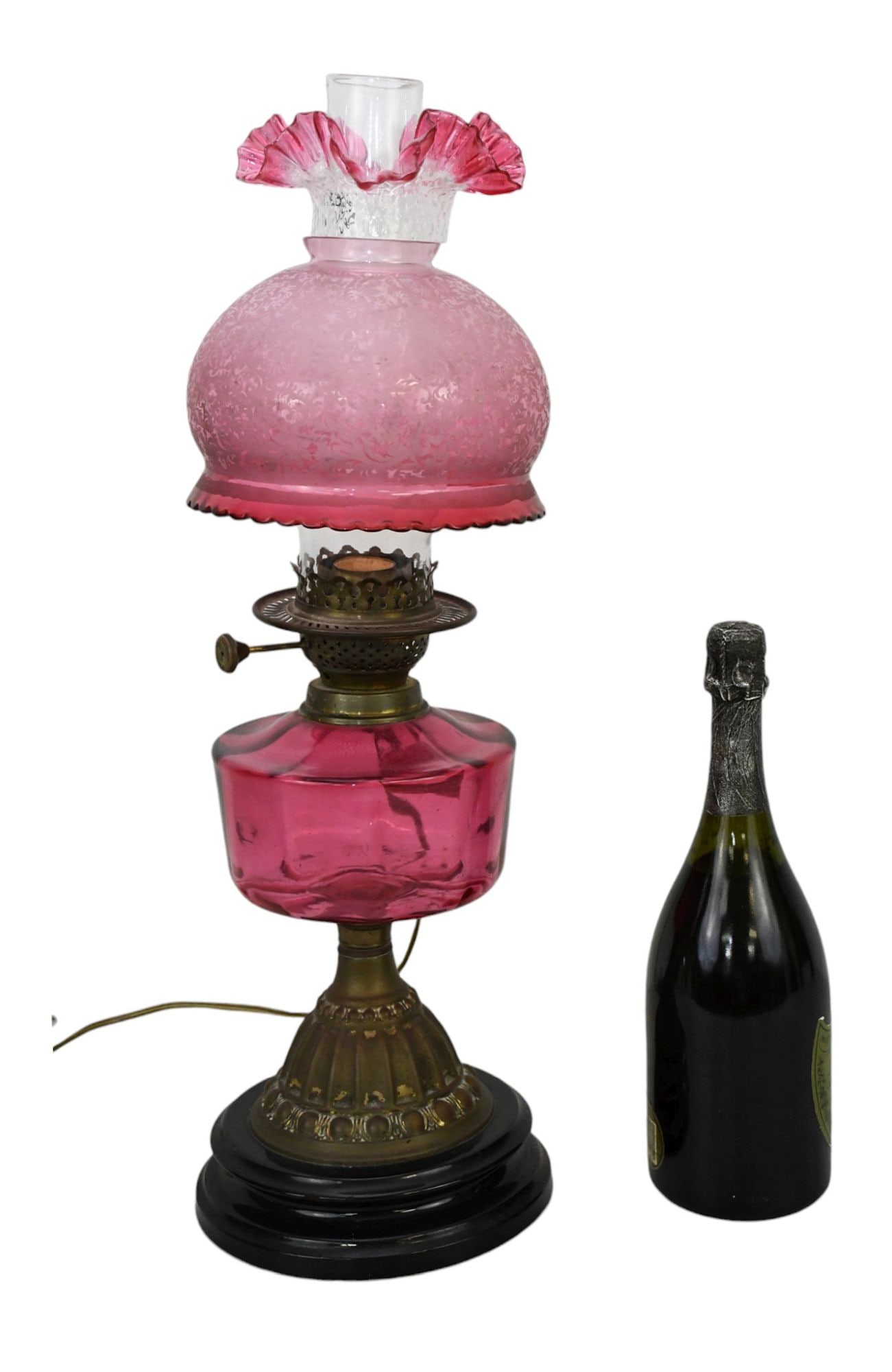 Antique Cranberry Converted Oil Lamp, Shade with Overall Etched Design, 21"h x 8"w (1 of 4)