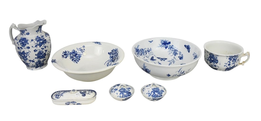 7 Pcs. Antique English Blue & White Ironstone Pitcher, 2 Washbowls, Chamber Pot and 3 Dresser Jars, (1 of 9)