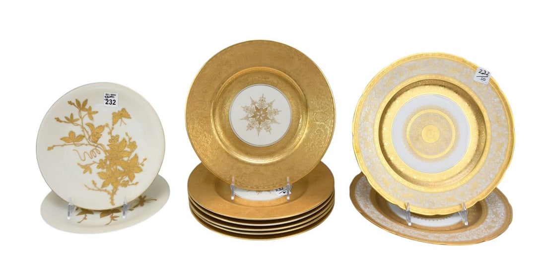 10 Antique Dinner Plates, 6 Syracuse China Old Ivory With Gold & Cream Center (10"dia), 2 Haviland: 10 Antique Dinner Plates, 6 Syracuse China Old Ivory With Gold & Cream Center (10"dia), 2 Haviland Limoges Gold On White (11"dia) AND 2 Unmarked Gold on Cream (9"dia)