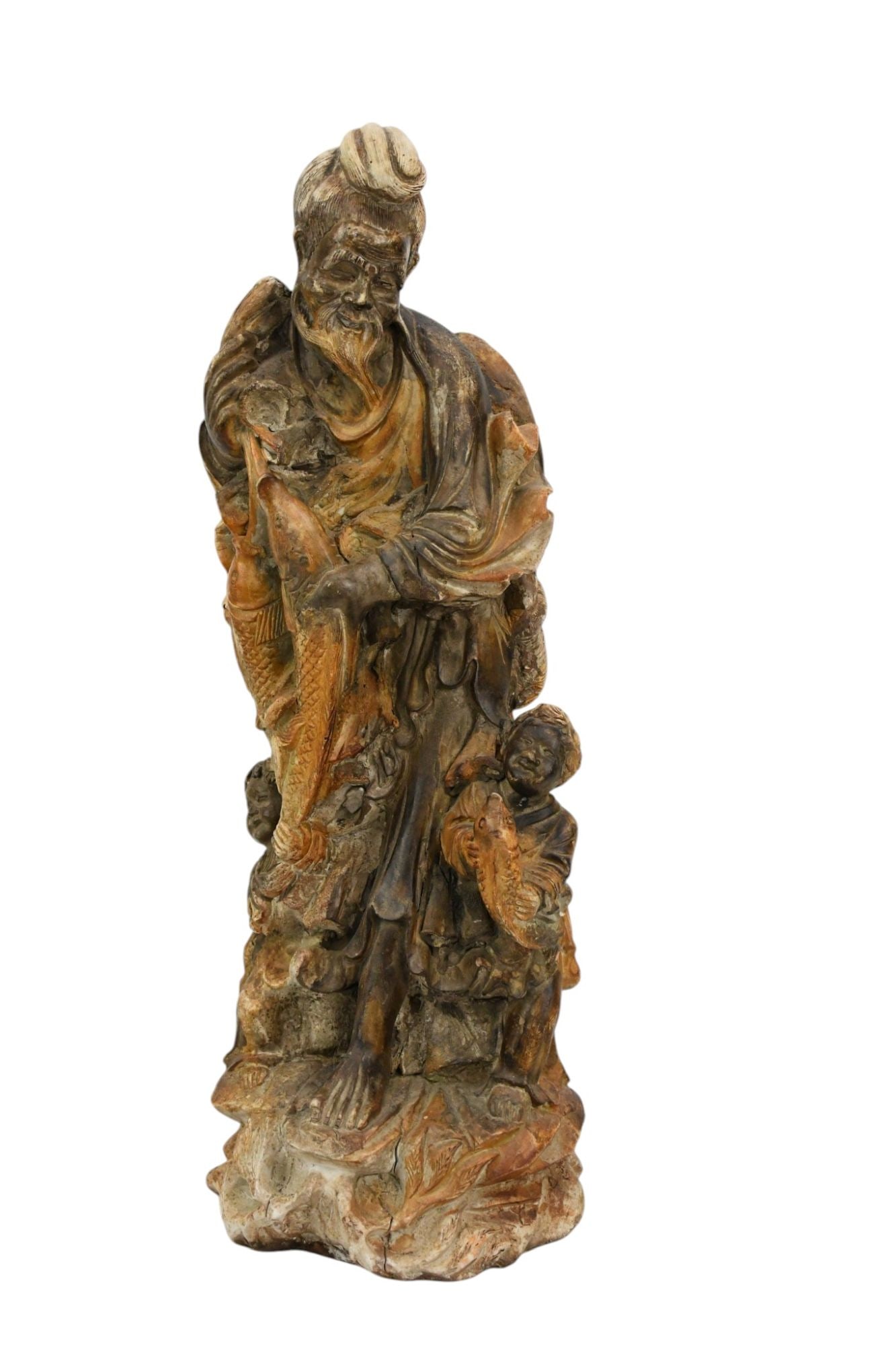 Antique Chinese Pottery, Fisherman and Children with Fish, Standing on Rock Formation with Age Split: Antique Chinese Pottery, Fisherman and Children with Fish, Standing on Rock Formation with Age Split and Appropriate Wear, 23"h x 8"w x 8"d