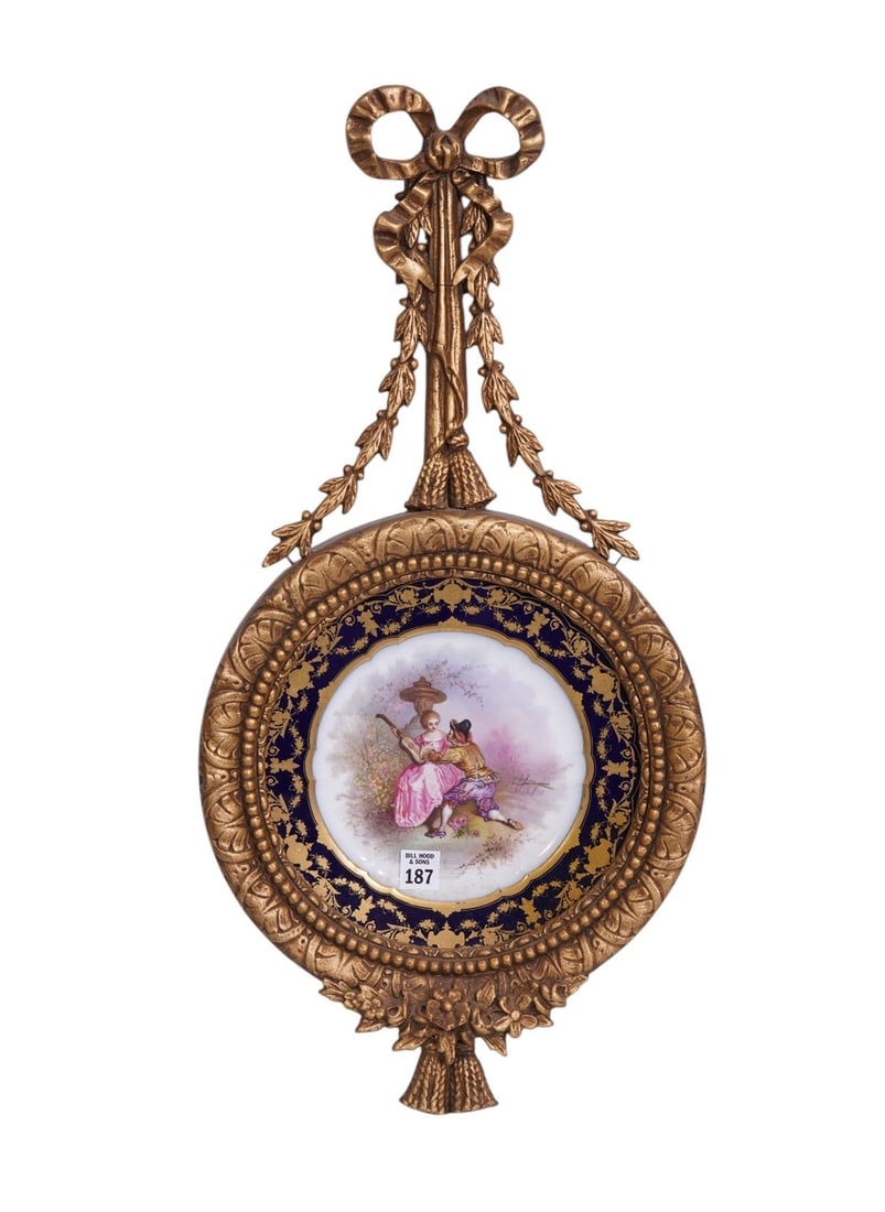 French Style Gilded Wood Wall Hanging with Hand painted Porcelain Framed Plate of Continental (1 of 4)