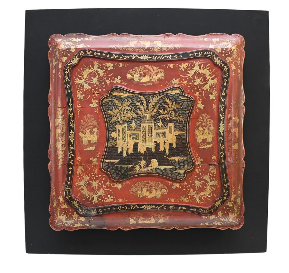 Antique 19th C. Chinese Red & Black Lacquer Lid with Gold Accents Presentation Box In Lucite Shadow (1 of 8)