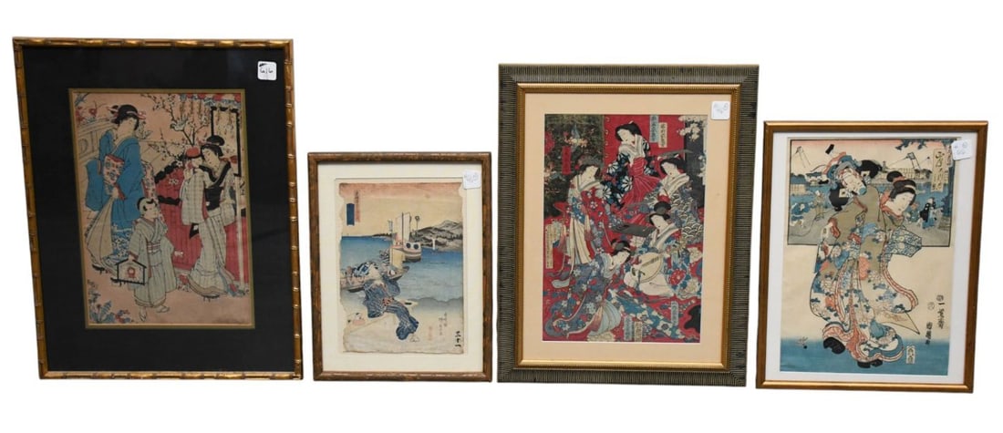 4 Antique Japanese Woodblocks, Good Color, Framed 20"h x 16"w: 4 Antique Japanese Woodblocks, Good Color, Framed 20"h x 16"w