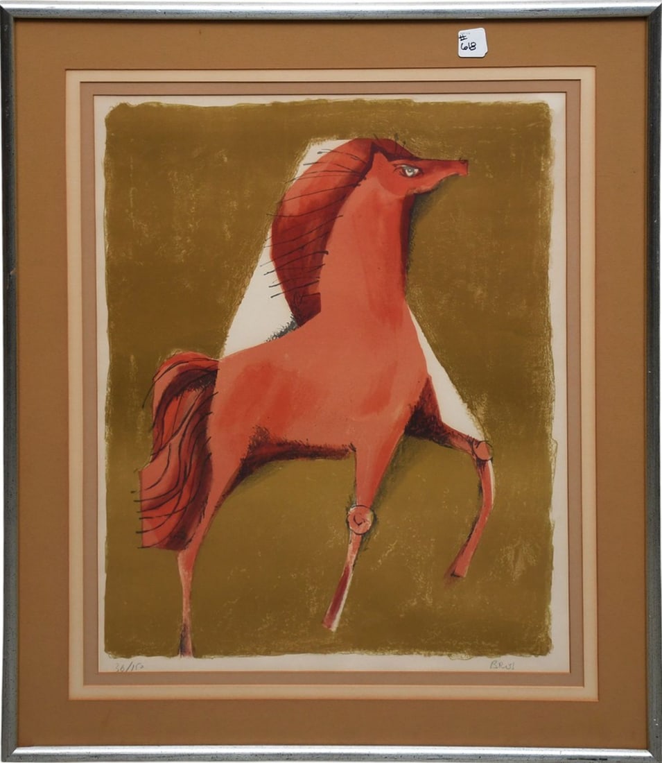 Sami Brass "The Red Horse" Lithograph Pencil Signed & Numbered, 36/150, Frame 30"h x 25": Sami Brass "The Red Horse" Lithograph Pencil Signed & Numbered, 36/150, Frame 30"h x 25"