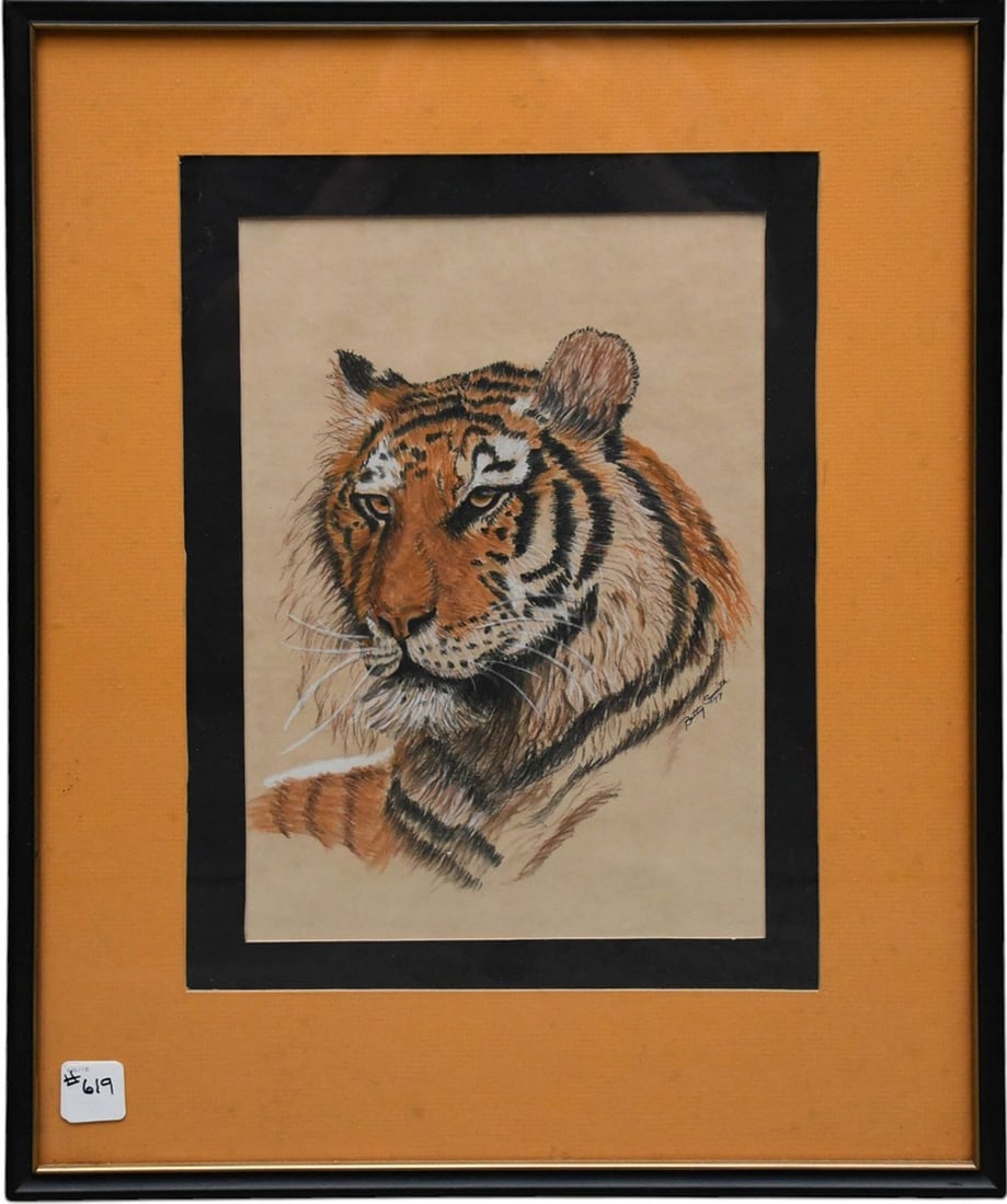 Betty Smith Pastel Tiger Painting, Sight 12 3/4" x 8 3/4", Overall Frame 21" x 16 3/4" (1 of 5)