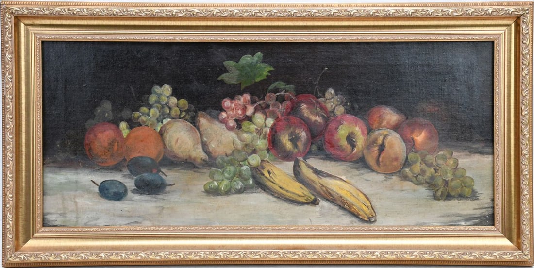 Oil On Canvas Fruits Still Life, 19th c, No Visible Signature, Canvas 10" x 24", Frame 13 1/2" x 27 (1 of 4)