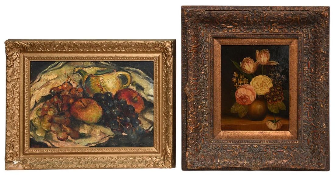 2 Still Life Paintings, 20th c, Floral on Canvas (8" x 10", Overall 18" x 16 1/2") AND Fruits on (1 of 6)