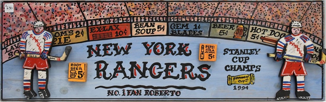 Folk Art Dimensional Sign, New York Rangers Stanley Cup 1995, Signed Harry Claubach, 11"h x 36"w x (1 of 6)
