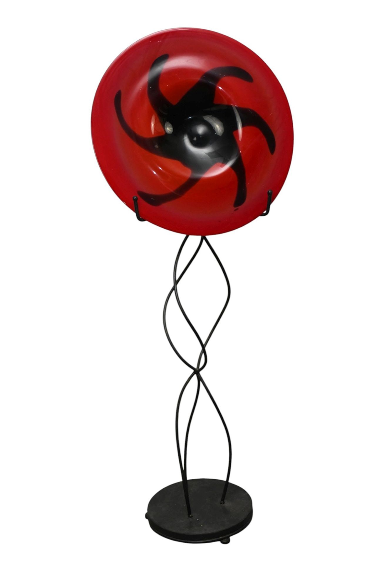 Modern Art Glass Red & Black Shallow Bowl In Custom Black Iron Stand, Bowl 22"dia, Stand 56"h, Total: Modern Art Glass Red & Black Shallow Bowl In Custom Black Iron Stand, Bowl 22"dia, Stand 56"h, Total 58"h