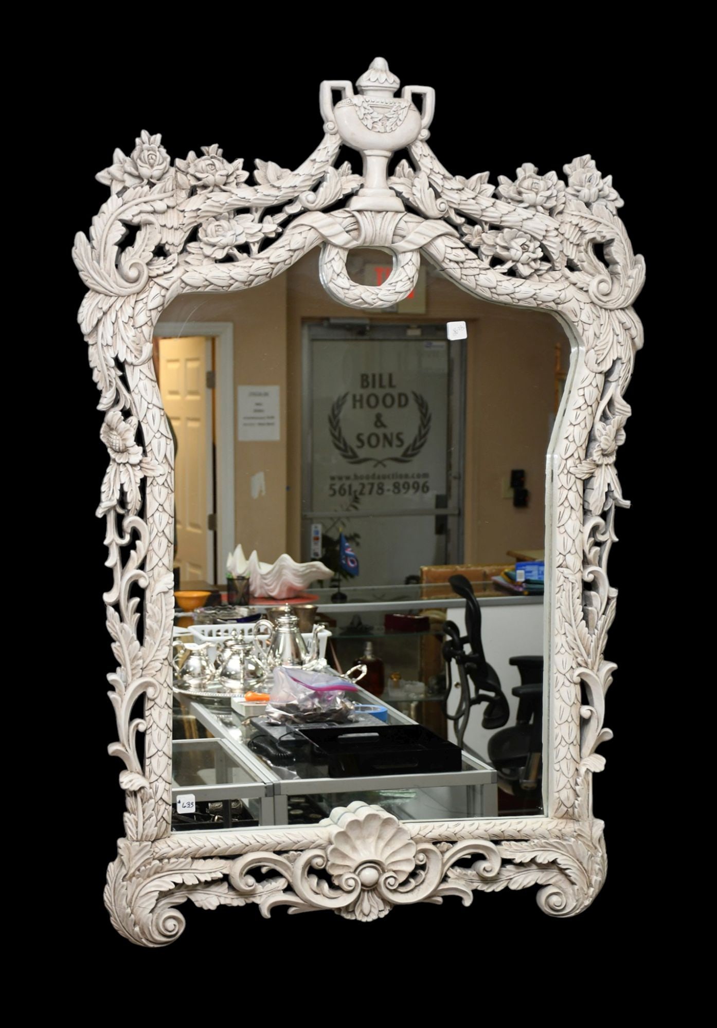 White Ornate Mirror with Floral & Leaf Frame, Urn at Top, 48"h x 30"w (1 of 3)