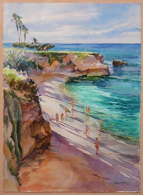 Karen Mclean McGaw (California 20th Century) Watercolor "La Jolla Beach with Many people. signed: Karen Mclean McGaw (California 20th Century) Watercolor "La Jolla Beach with Many people. signed lower right, sheet/painting size 22 x 30 inches. overall 46 1/2 x 38 1/2 inches.