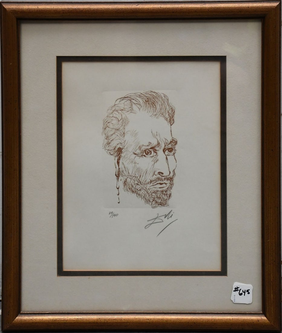 Salvador Dali etching, portrait of Vincent van Gogh with severed ear, pencil signed and number: Salvador Dali etching, portrait of Vincent van Gogh with severed ear, pencil signed and number 25/150. site size 11 x 8 inches. overall frame size 17 1/2 x 14 1/2 inches.