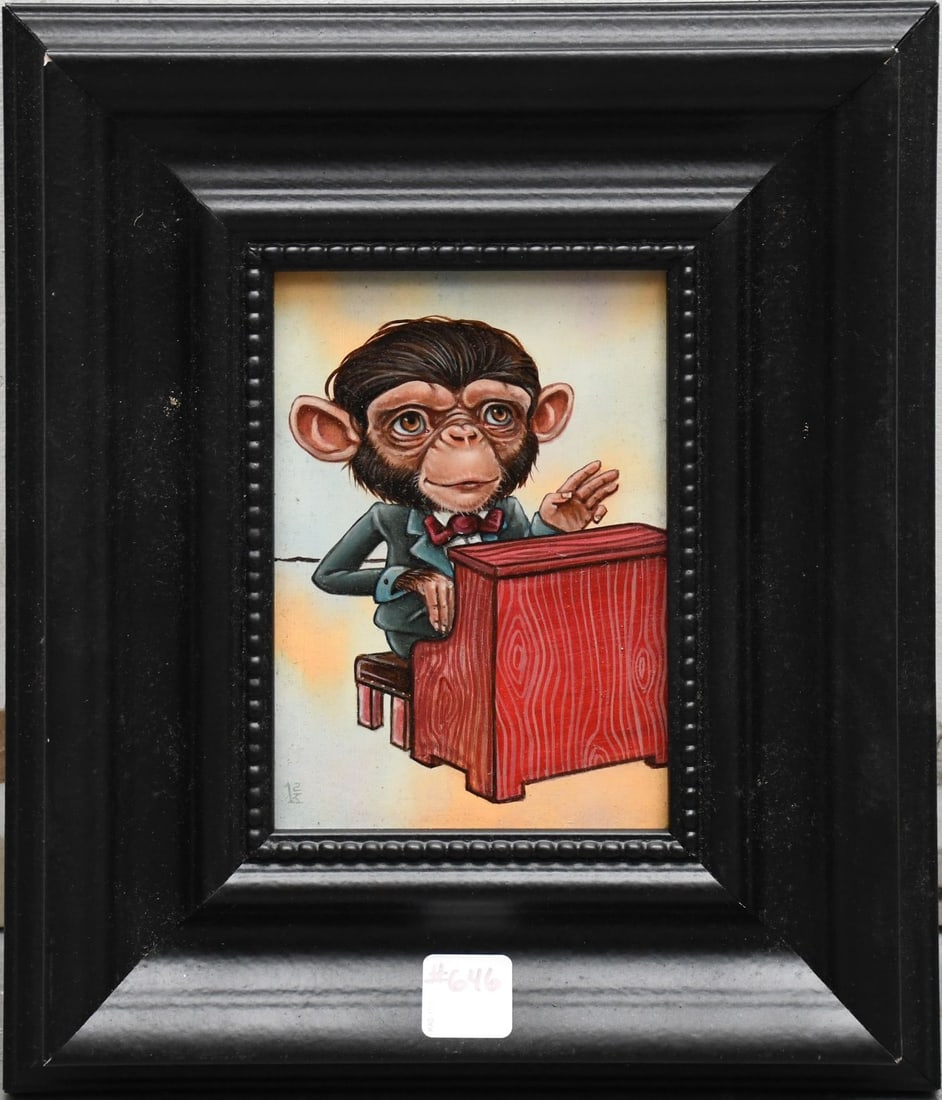 Oil on board monkey playing instrument 5 x 7 inches. sign lower left K2 overall size 12 1/2 inches. (1 of 4)